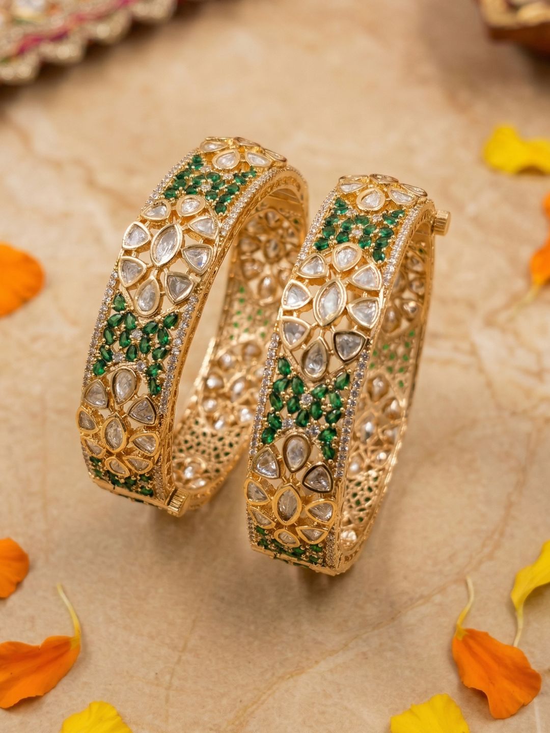 Royal Gold Plated Openable Uncut Polki Kundan and emerald stones Kada Bangles For Women | Ethnic & Traditional Wear