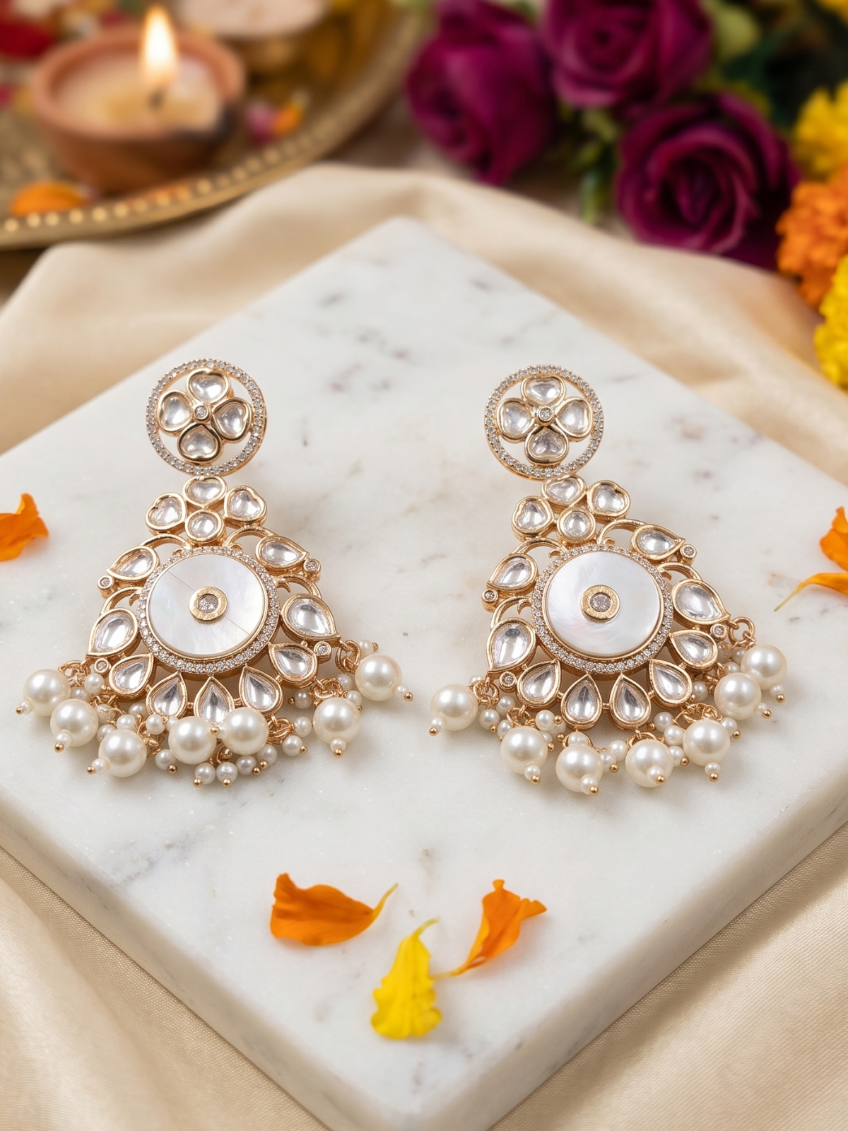 Designer Mother Of Pearl And Kundan pearl beaded Chandbali Earrings For Women - Wedding & Festive Wear