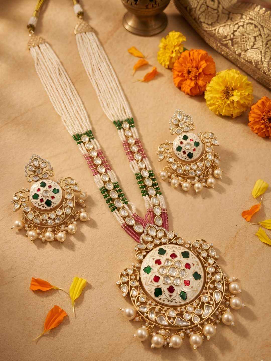 Traditional Long Beaded Kundan Pendant Necklace Set With Enamel | Wedding Jewellery Set