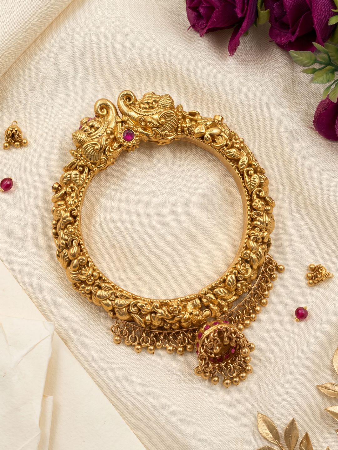 Traditional Gold Plated Antique Golden Elephant Head Nakshi Kada Bracelet