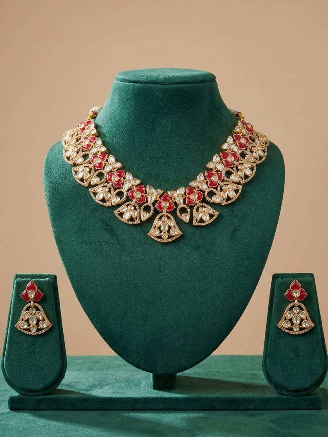Designer Gold Plated red Kundan Polki Necklace Set For Weddings - Bridal Necklace Set