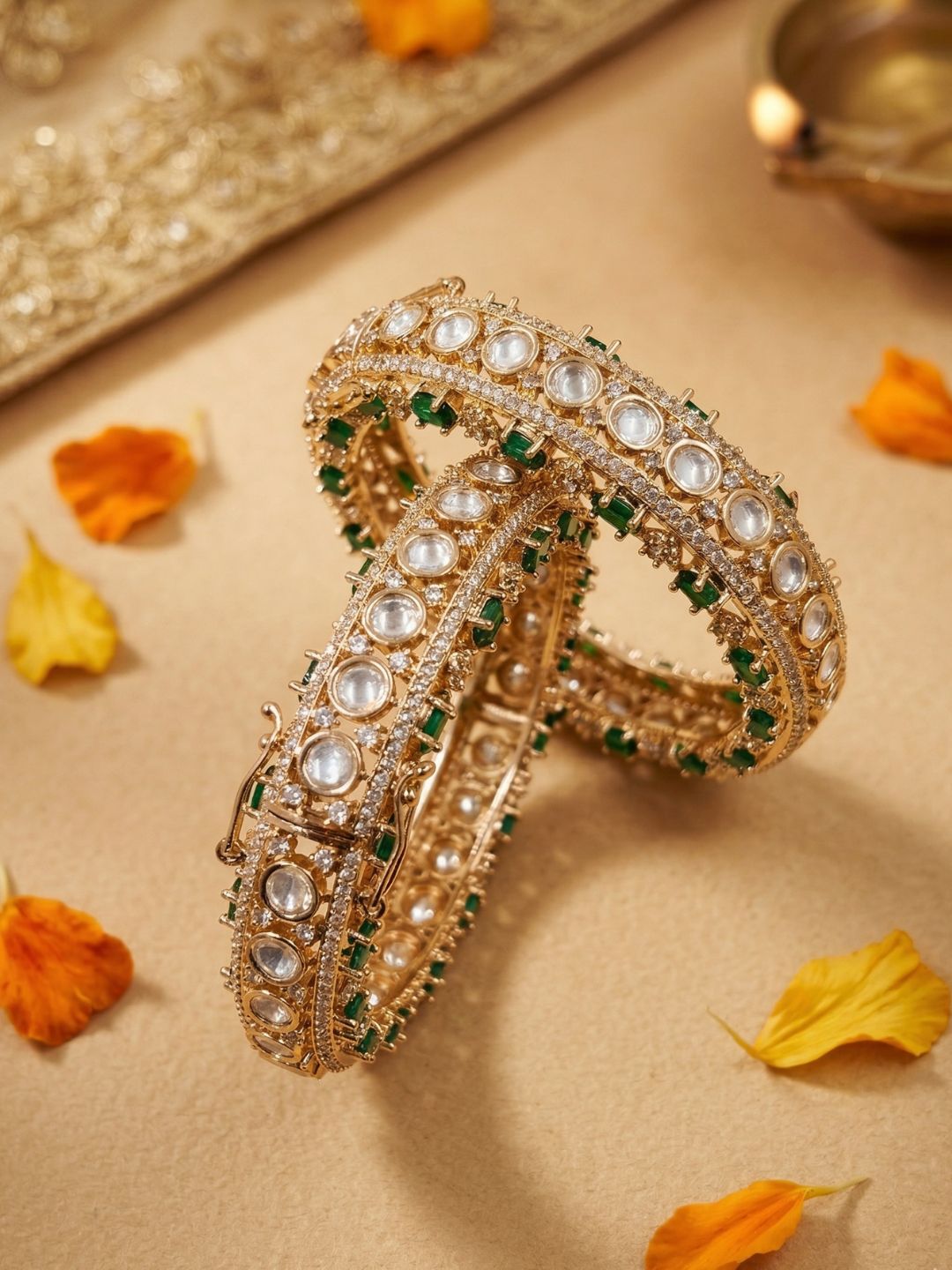 Gold Plated Luxury emerald  Polki Kundan Kada Bangles Set For Women | Wedding And Bridal Bangles