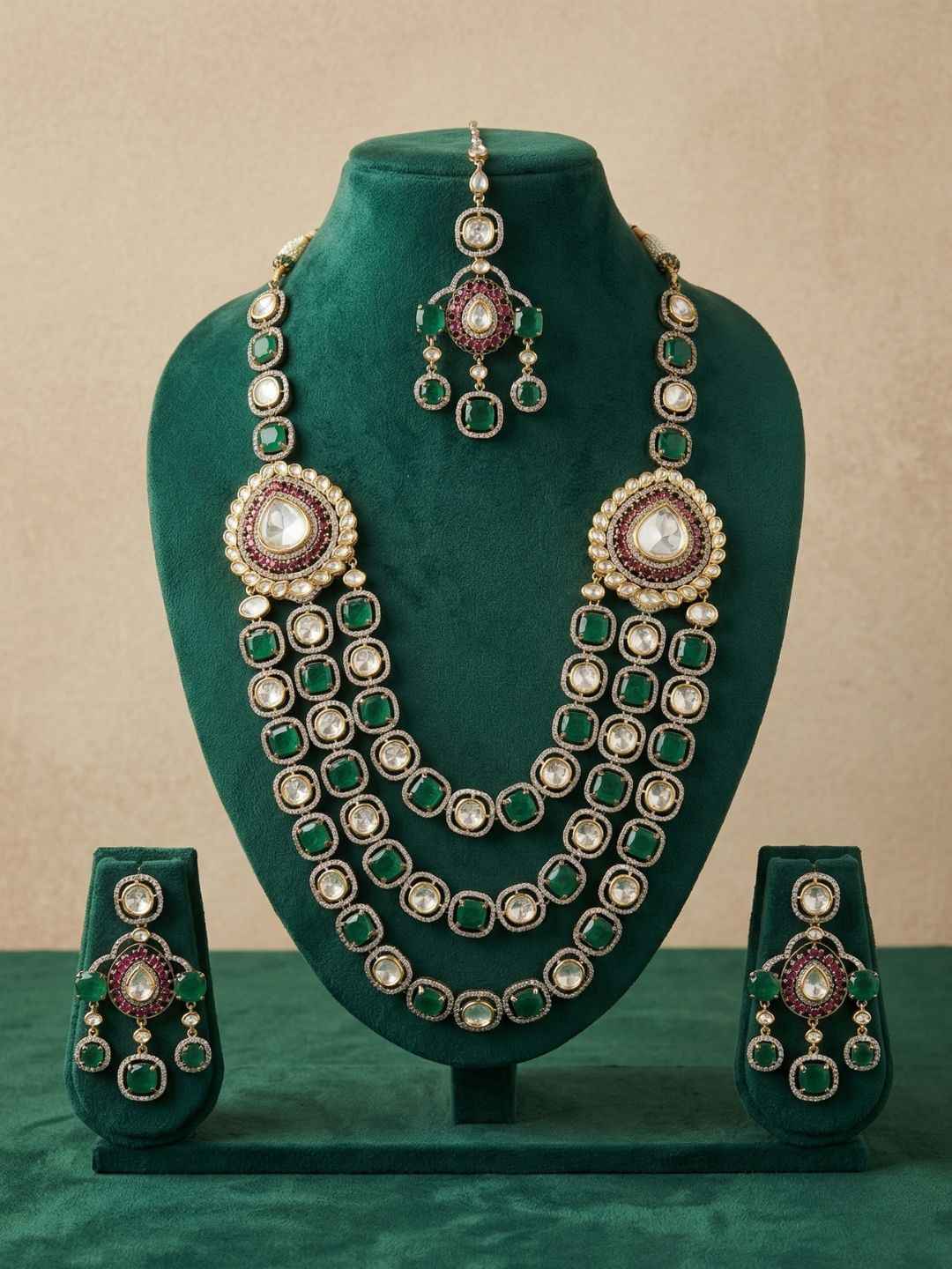 Luxury Victorian Finish Emerald Polki Layered Necklace Set With Tikka - Wedding Jewellery Set
