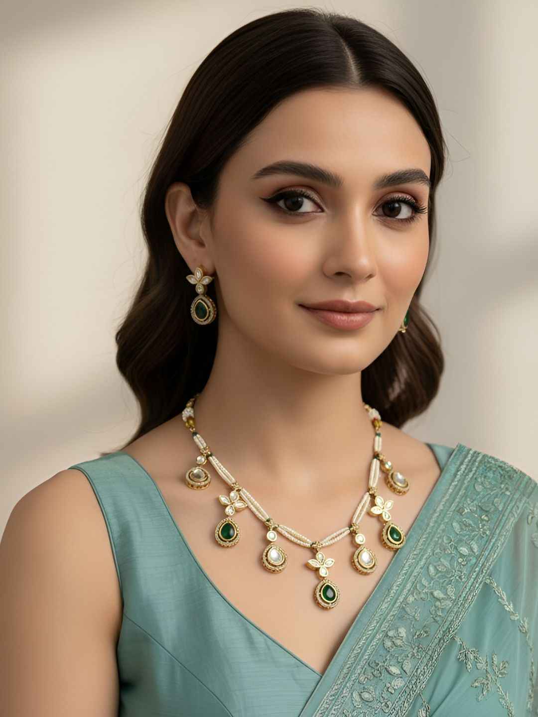 Elegant Gold Plated Beaded Pearls & green Polki Drops Statement Necklace Set For Women