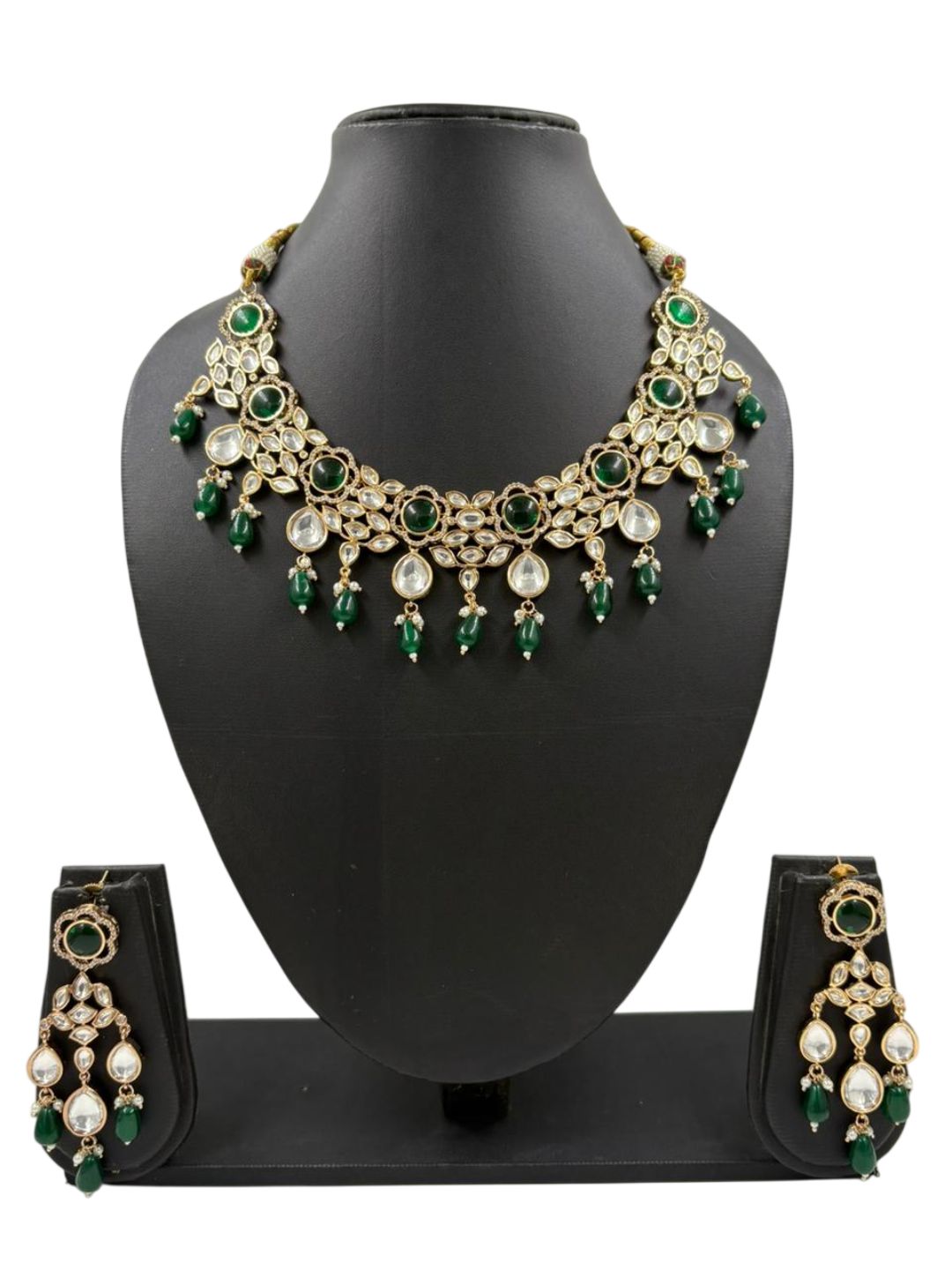 Elegant green stone Polki Kundan Necklace Set For Women - Wedding & Party Wear Kundan Jewellery Set