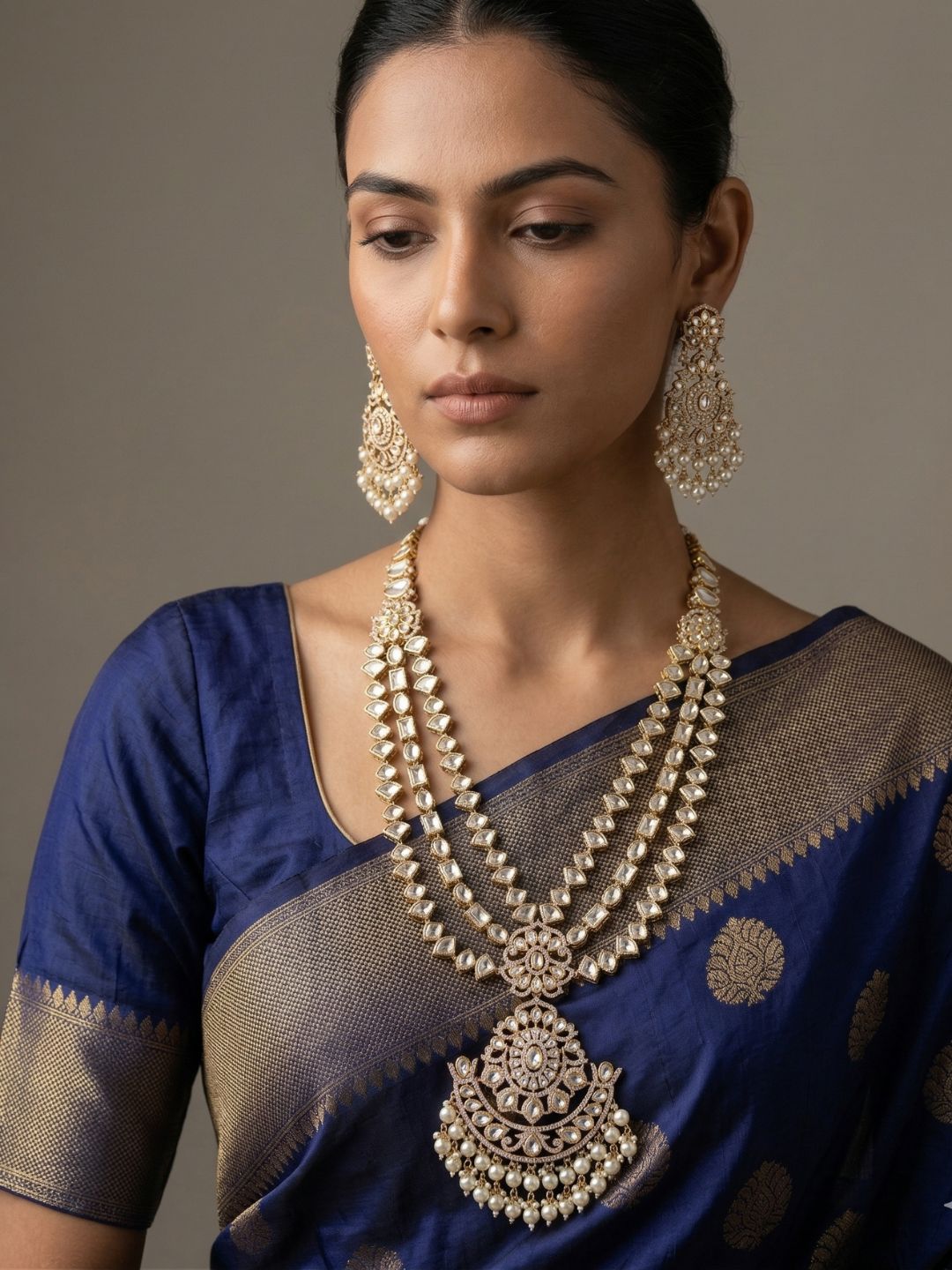 Luxurious Long Layerd Polki Kundan Necklace Set With Pendant | Wedding And Bridal Jewellery Set 