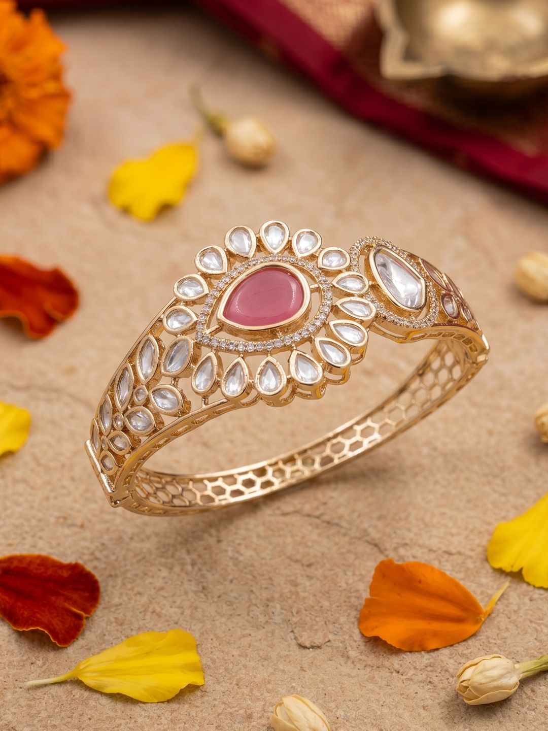 Gold Plated baby pink stone Polki Kundan Openable Kada Bracelet For Women | Festive Ethnic Jewellery