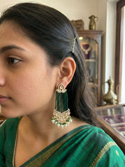 Long Kundan green Beaded Chandelier Earrings With Pearl Drops | Bridal Statement Ethnic Earrings for Women