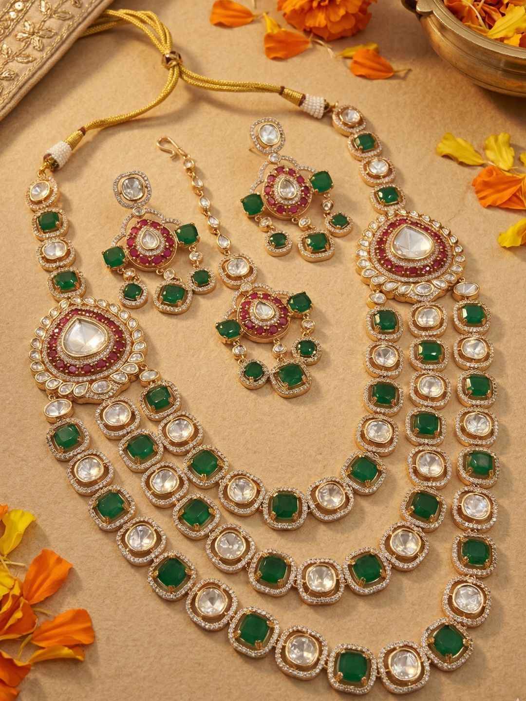 Luxury Gold Plated Emerald And Polki Kundan Layered Necklace Set With Tikka - Wedding & Bridal Jewellery Set
