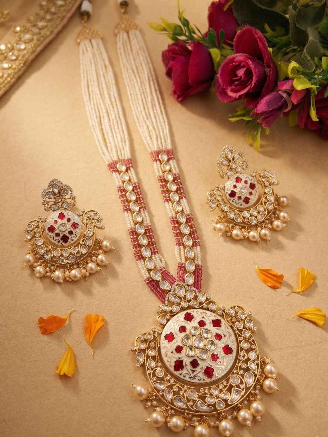 Traditional Long Beaded Kundan Pendant Necklace Set With Enamel | Wedding Jewellery Set