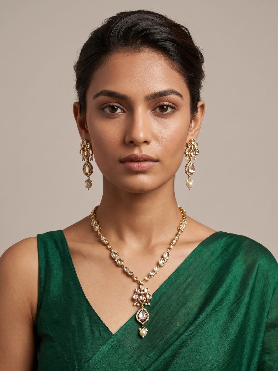Elegant Rose Gold Finish Polki pendant Necklace Set For Women - Indo Western Modern Jewellery Set