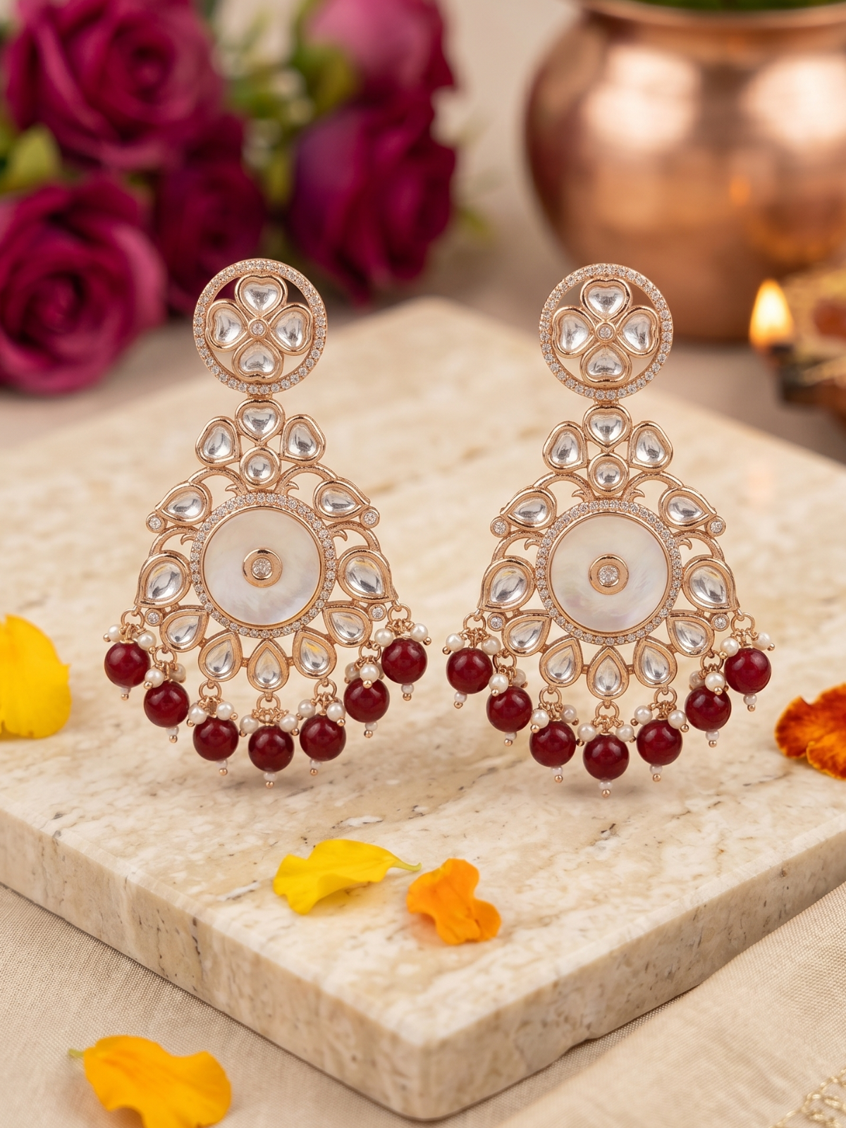 Designer Mother Of Pearl And Kundan Chandbali Earrings For Women - red beaded Wedding & Festive Wear