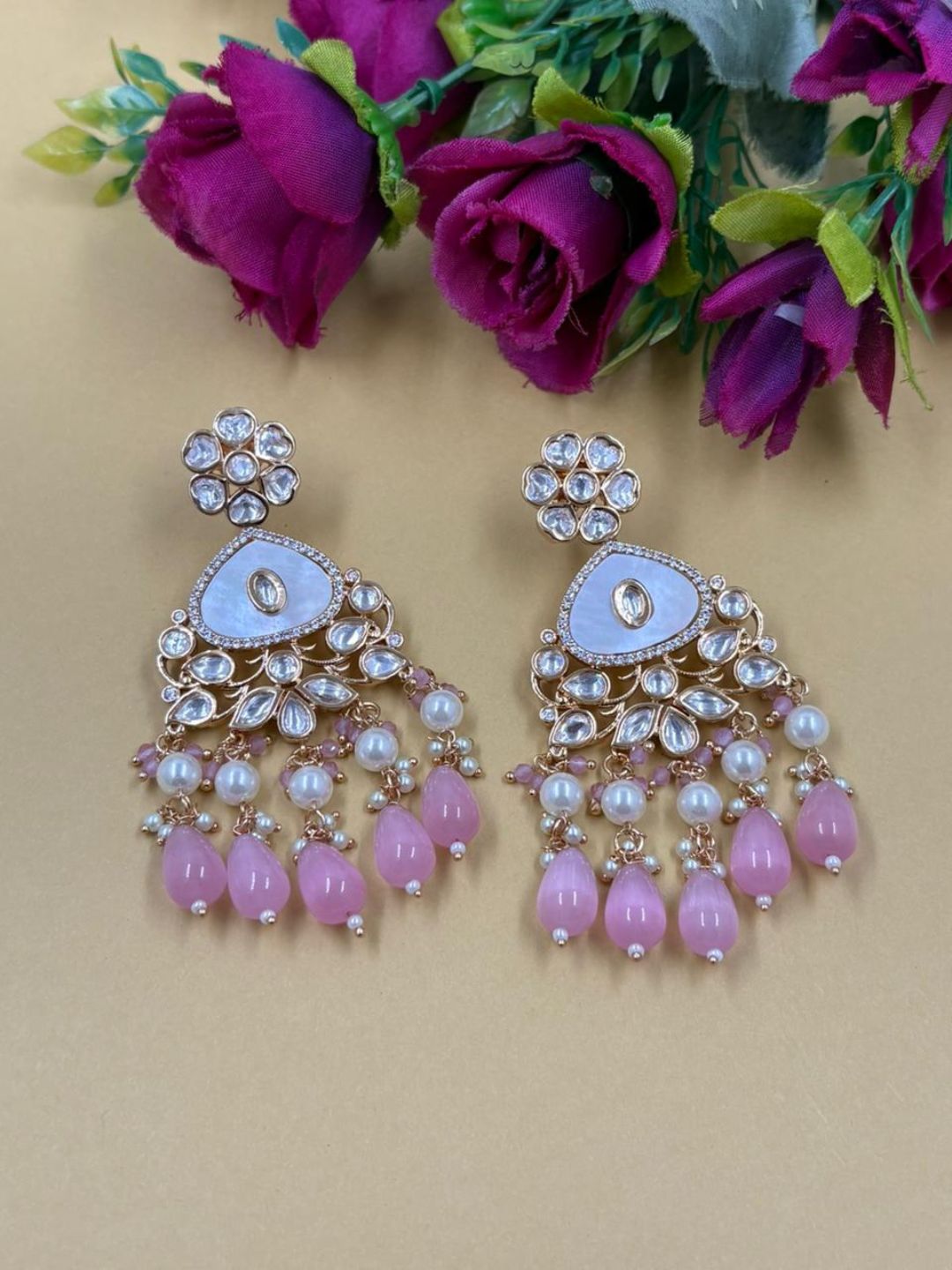 Elegant Gold Plated Mother Of Pearl And Kundan Earrings For Weddings - Statement pink Earrings