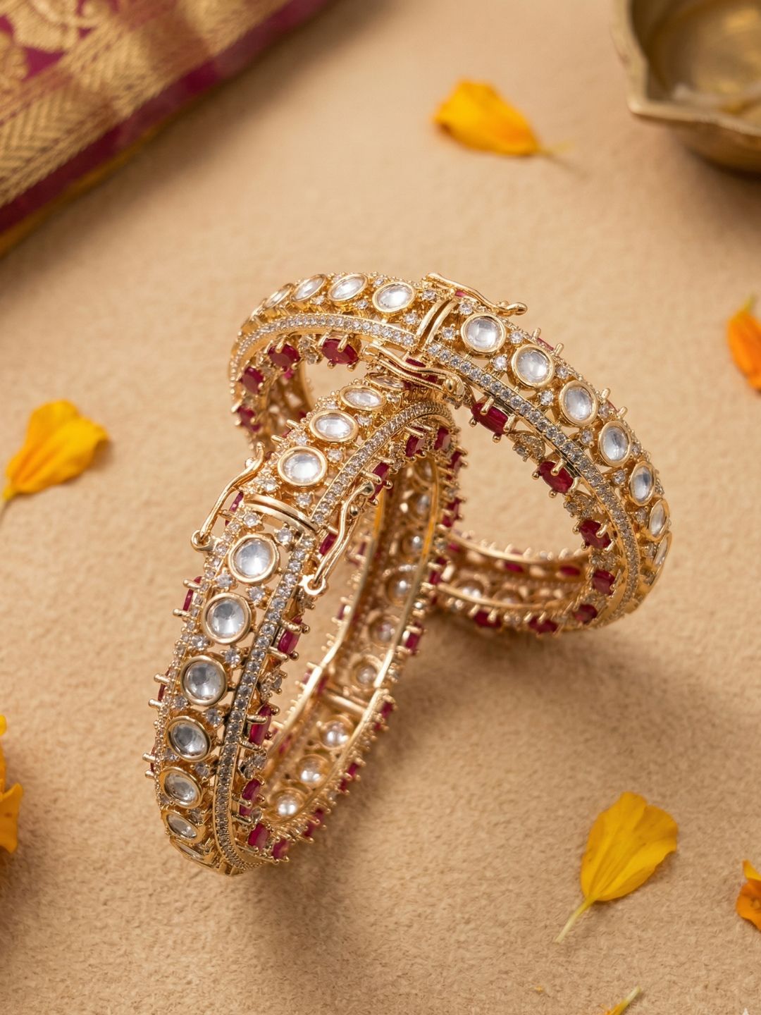Gold Plated Luxury Polki Kundan Kada Bangles Set For Women | Wedding And Bridal ruby stone Bangles