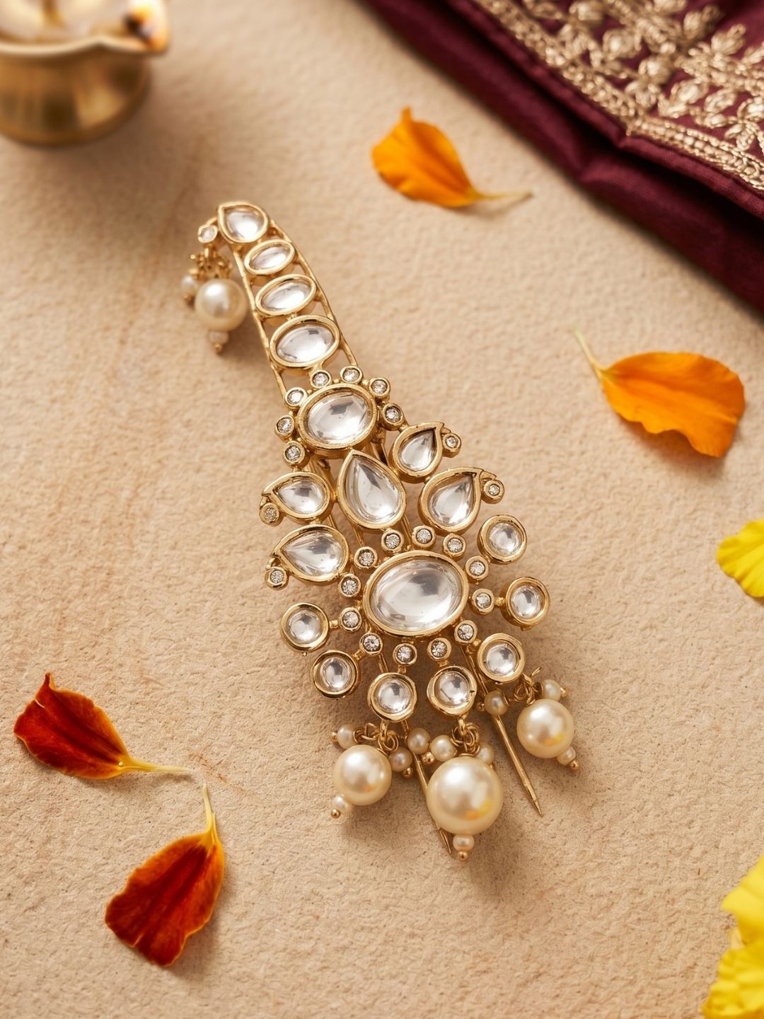 Gold Plated Floral Design Kundan Polki Safa Kalangi For Grooms | Turban Brooch for dulha 