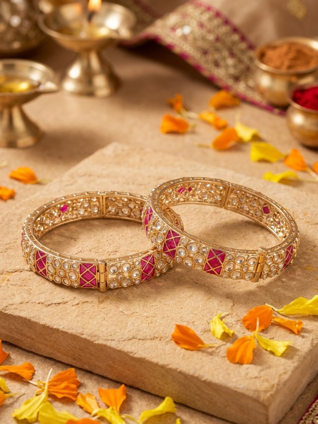 Gold Plated Ruby And Kundan Bangles For Women - Wedding And Party Wear Bangles