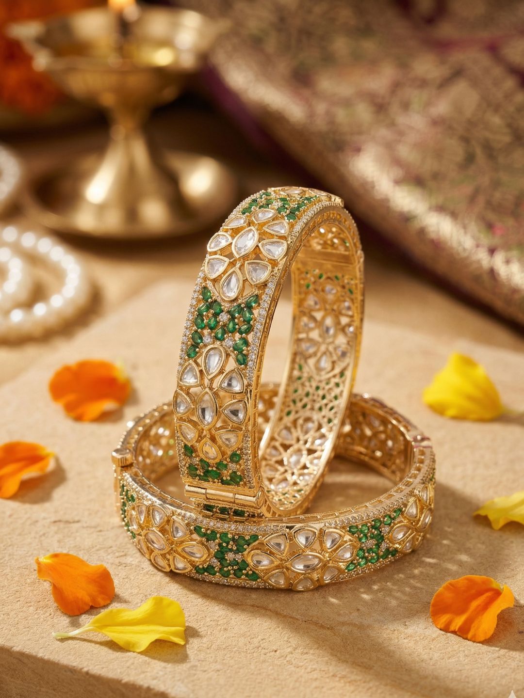 Royal Gold Plated Openable Uncut Polki Kundan Kada Bangles For Women | Ethnic & Traditional Wear