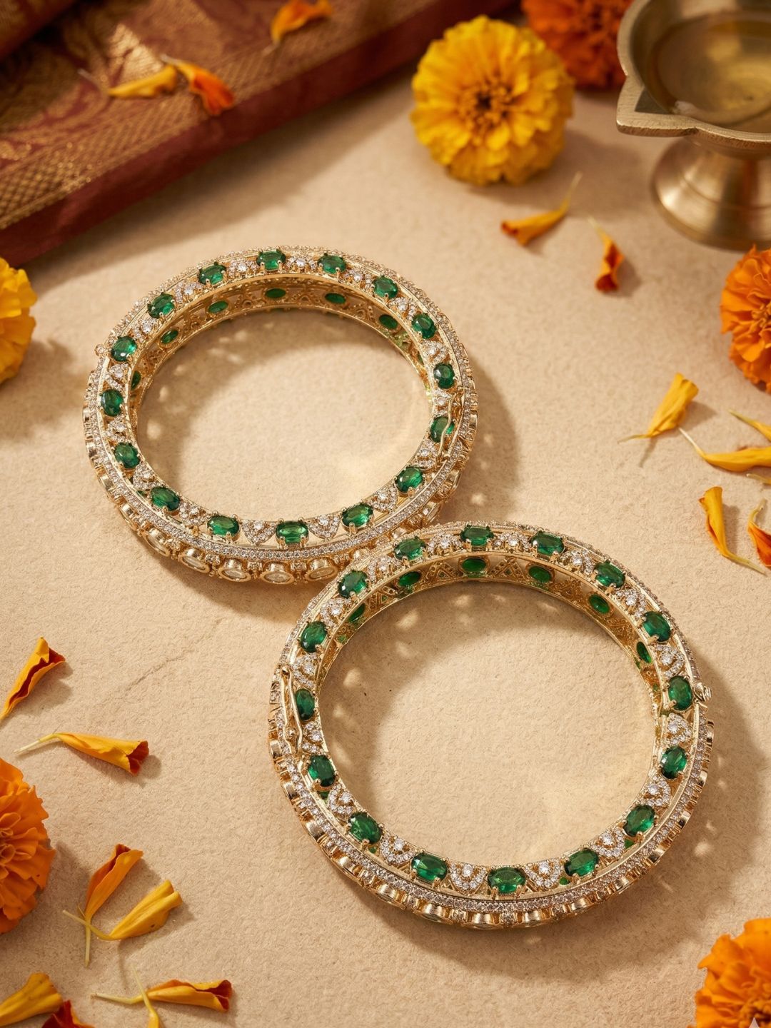Gold Plated emerald green Luxury Polki Kundan Kada Bangles Set For Women | Wedding And Bridal Bangles
