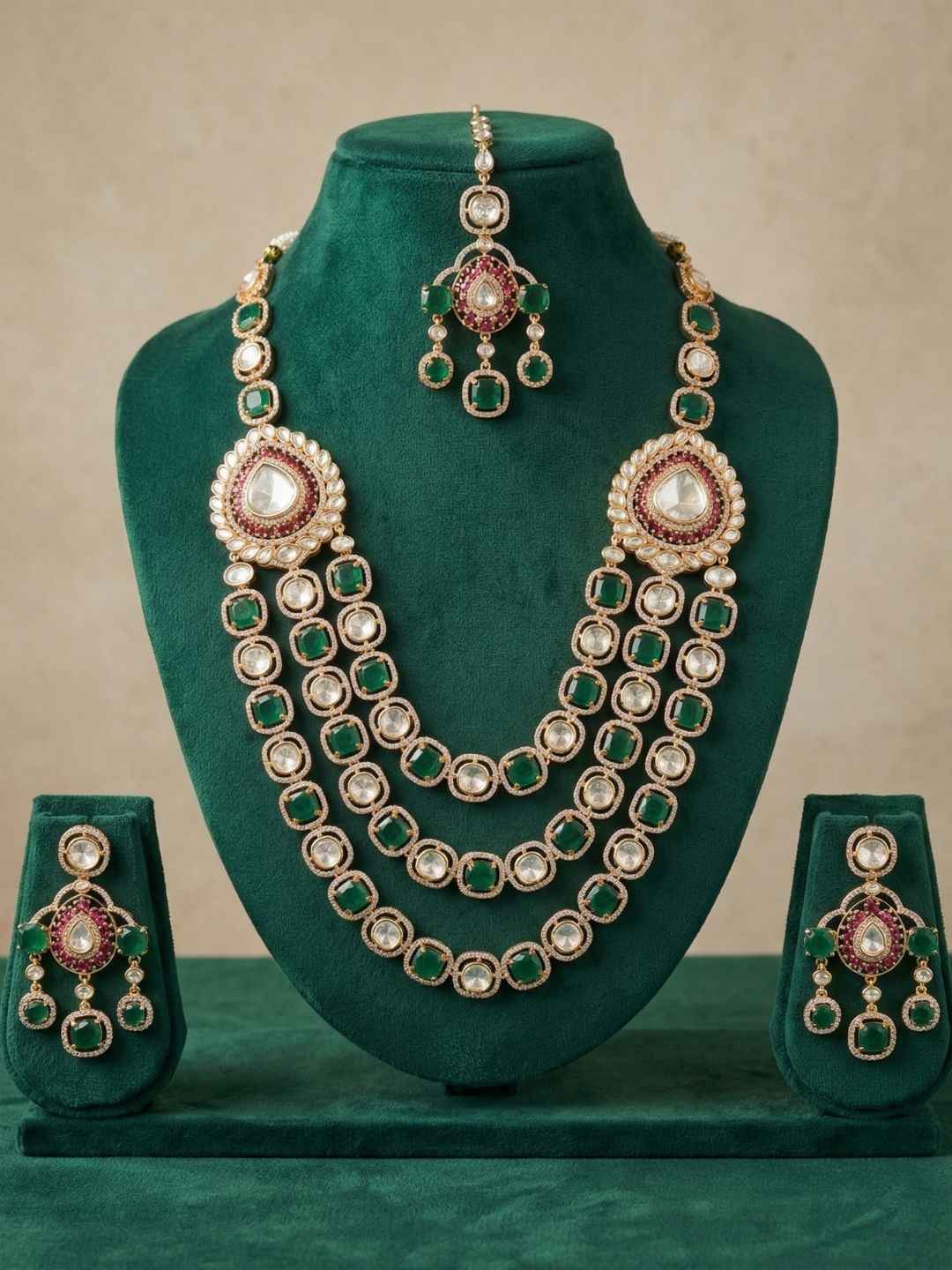 Luxury Gold Plated Emerald And Polki Kundan Layered Necklace Set With Tikka - Wedding & Bridal Jewellery Set