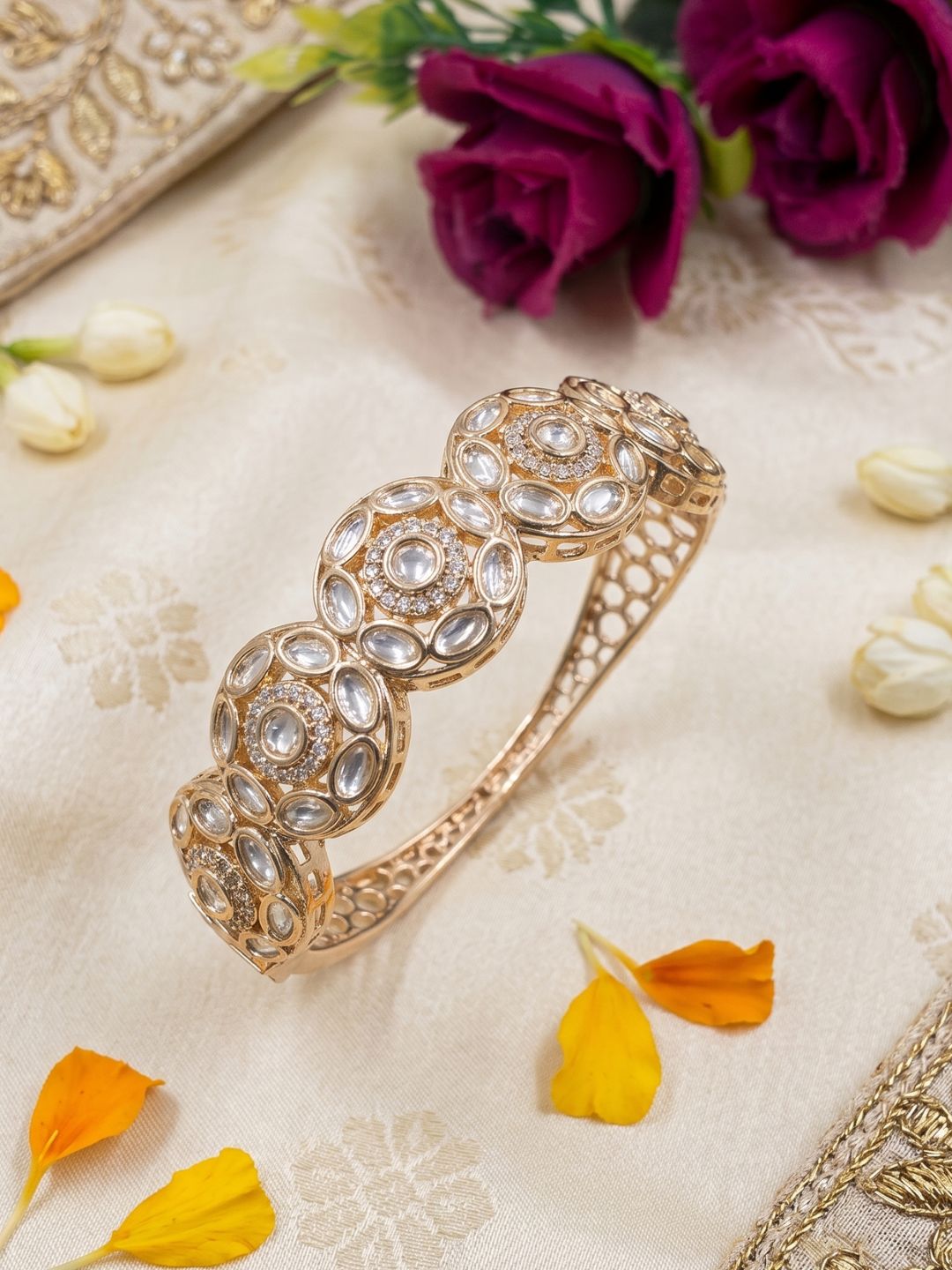 Elegant Next To Real Party & Wedding Wear Openable Kundan Polki Bracelet For Women