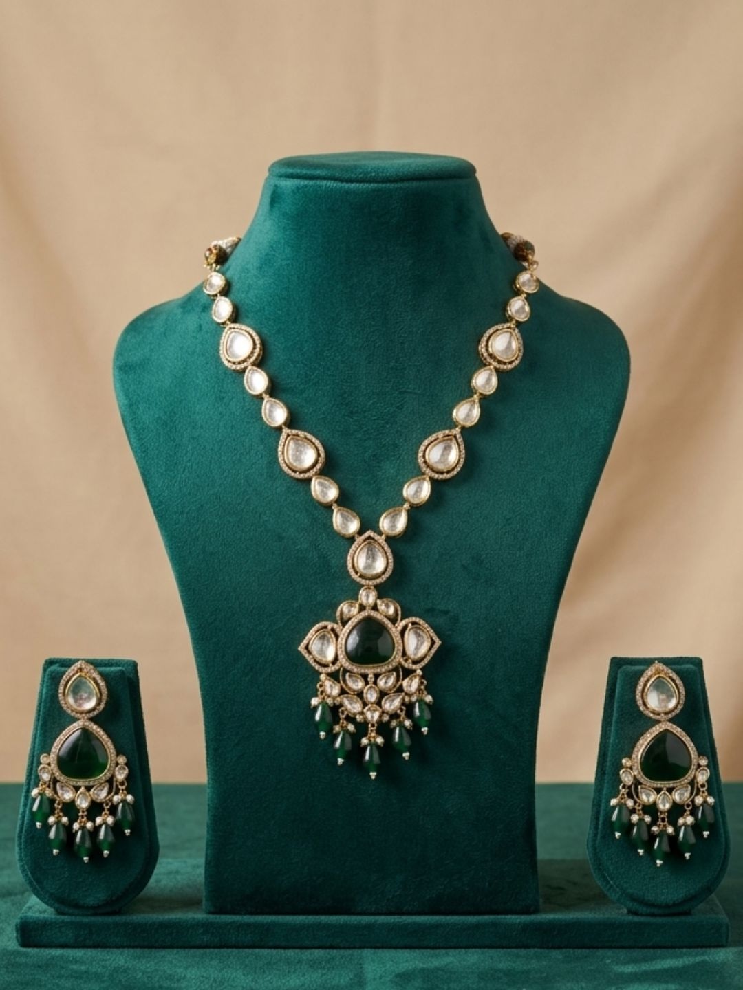 Exquisite Gold Plated  green Polki Kundan Pendant Necklace Set | Wedding And Party Wear Statement Jewellery