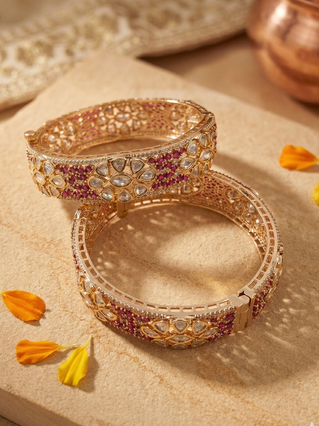 Royal Gold Plated Openable Uncut Polki Kundan Kada Bangles For Women | Ethnic & Traditional Wear