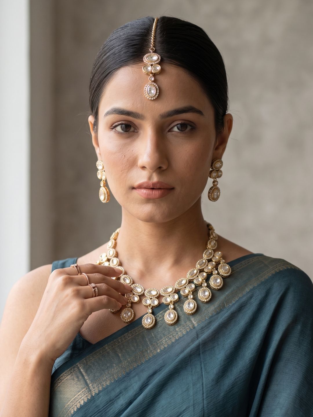 Gold Plated Polki Kundan Necklace Set With Tikka | Wedding & Festive Jewellery Set