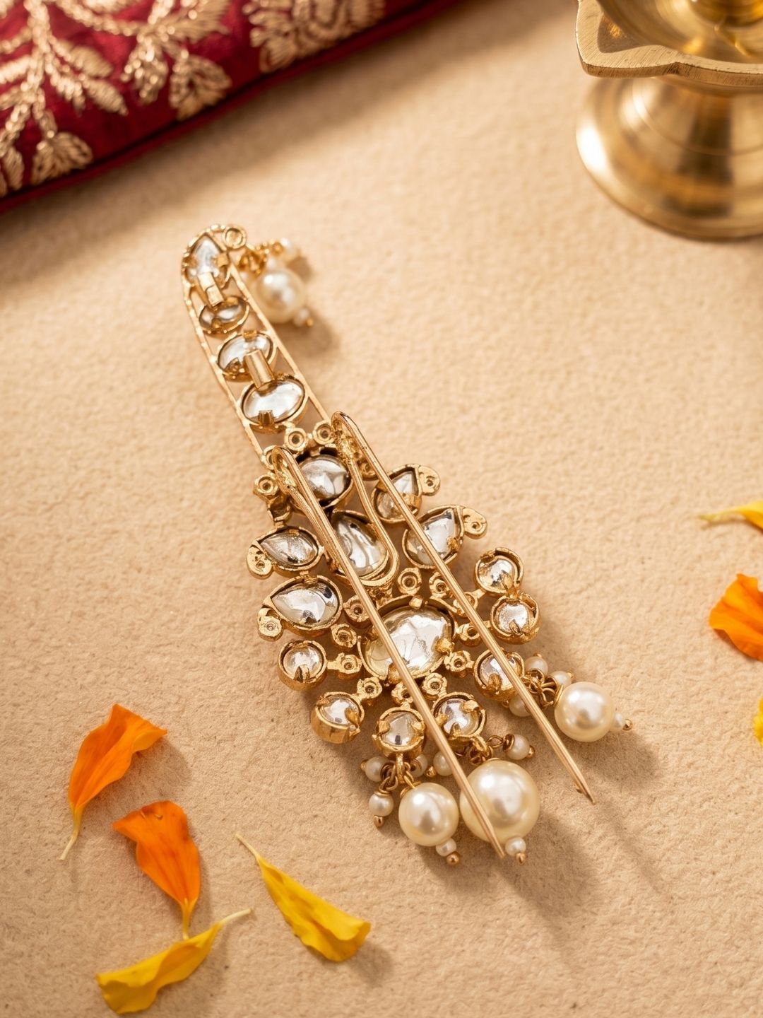 Gold Plated Floral Design Kundan Polki Safa Kalangi For Grooms | Turban Brooch for dulha 
