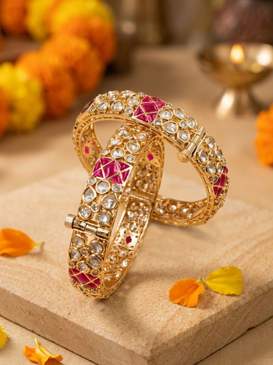 Gold Plated Ruby And Kundan Bangles For Women - Wedding And Party Wear Bangles