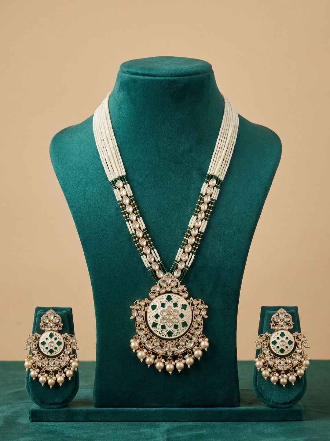 Traditional Long Beaded Kundan Pendant Necklace Set With Enamel | Wedding Jewellery Set