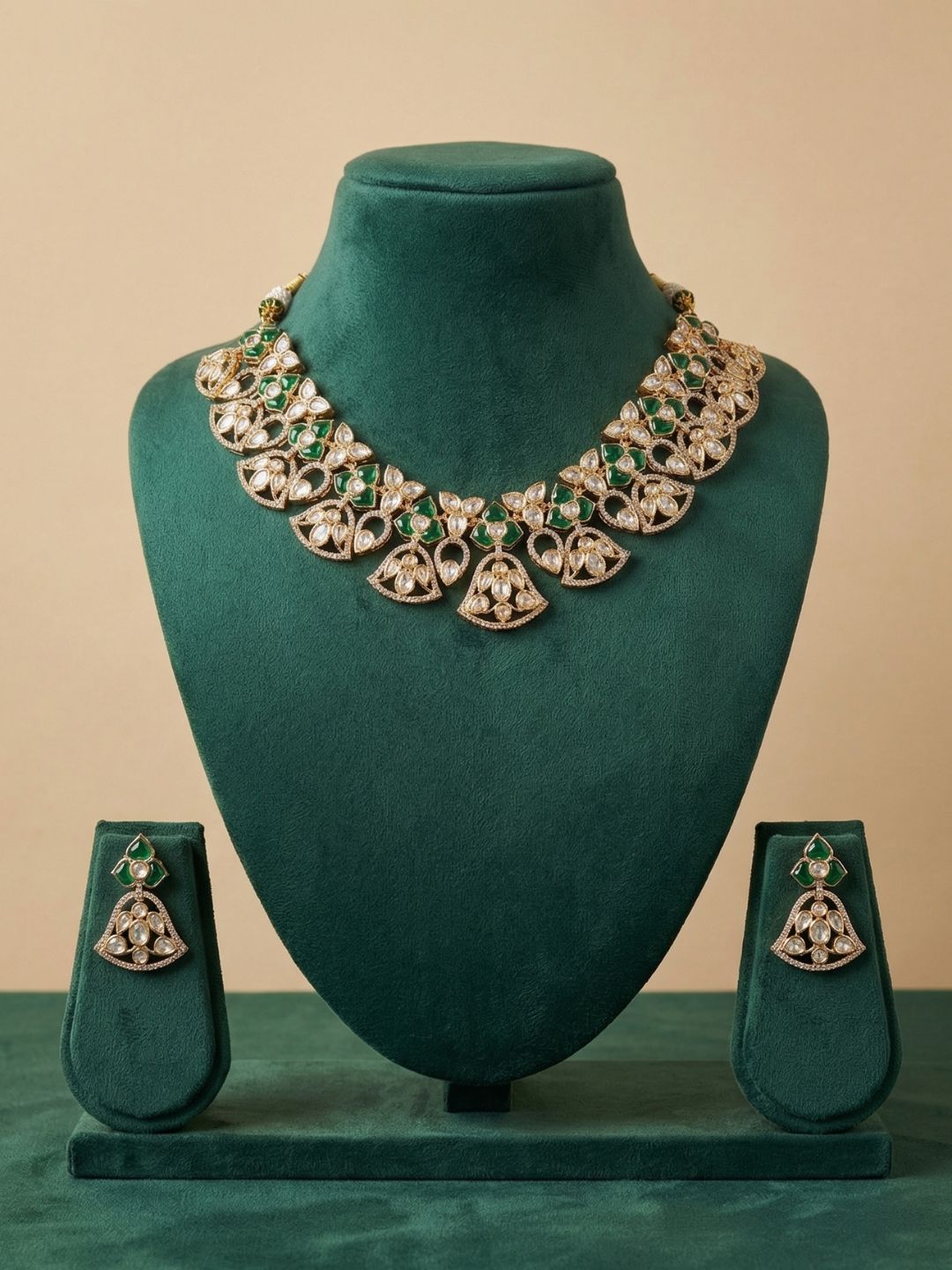 Designer Gold Plated green Kundan Polki Necklace Set For Weddings - Bridal Necklace Set
