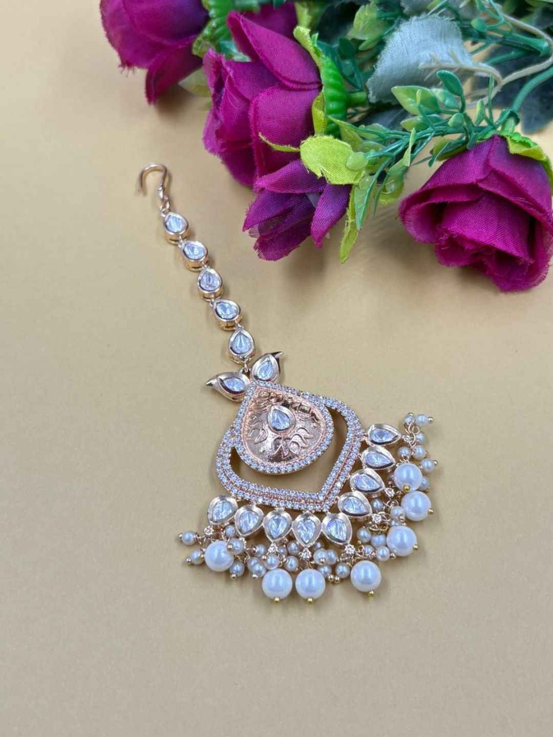Rose Gold Finish Big Polki Kundan Maang Tikka For Women - Bridal And Wedding Wear Tikka