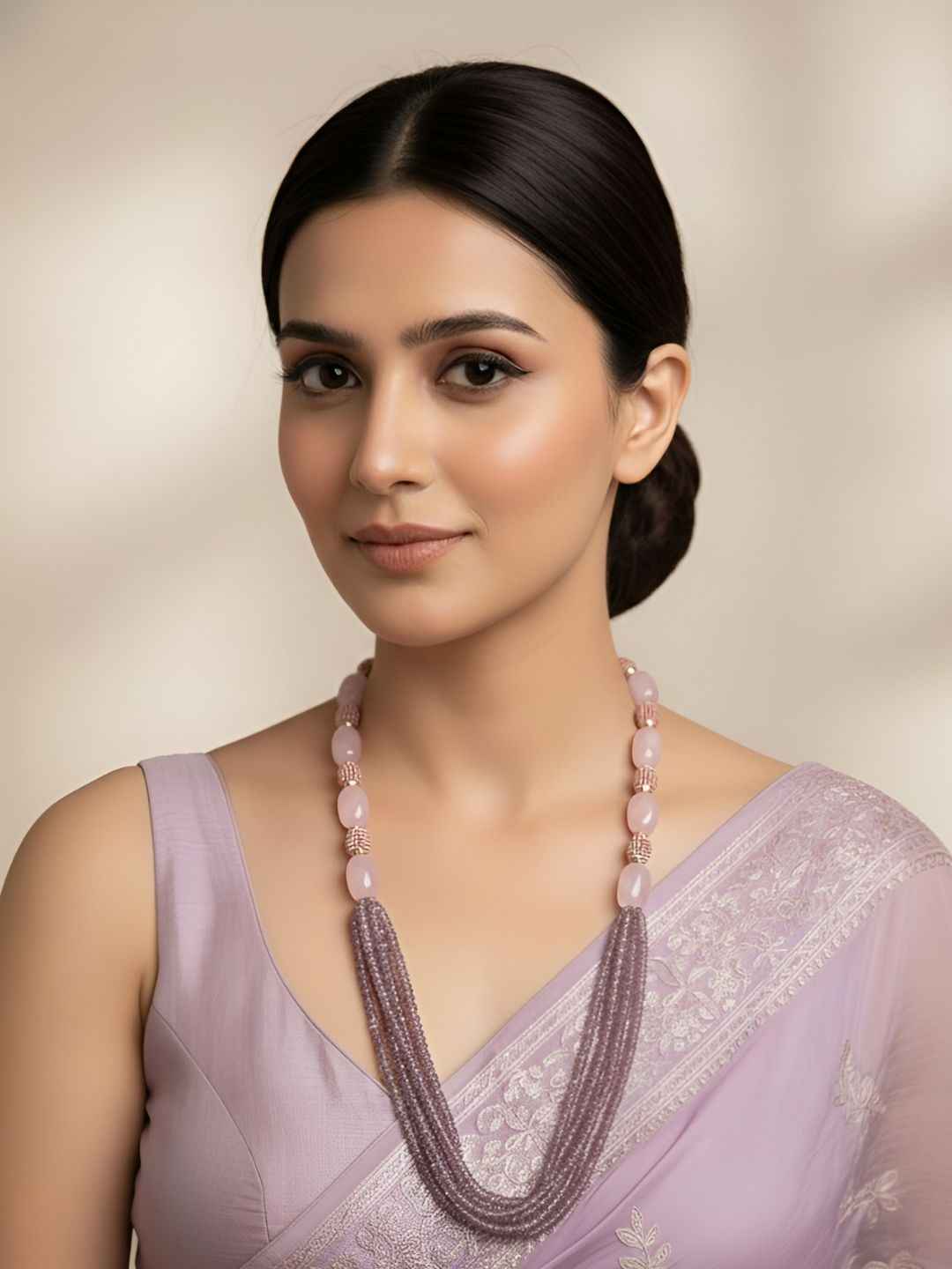 Handcrafted Rose Quartz & Natural Amethyst Beaded Necklace Set - Festive & Party Wear