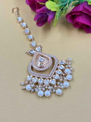 Rose Gold Finish Big Polki Kundan Maang Tikka For Women - Bridal And Wedding Wear Tikka