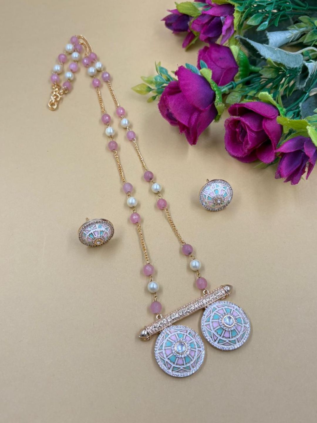 Traditional Long Beaded Chain Pendant Necklace Set With pastel pink and green Meenakari - Ethnic Jewellery Set