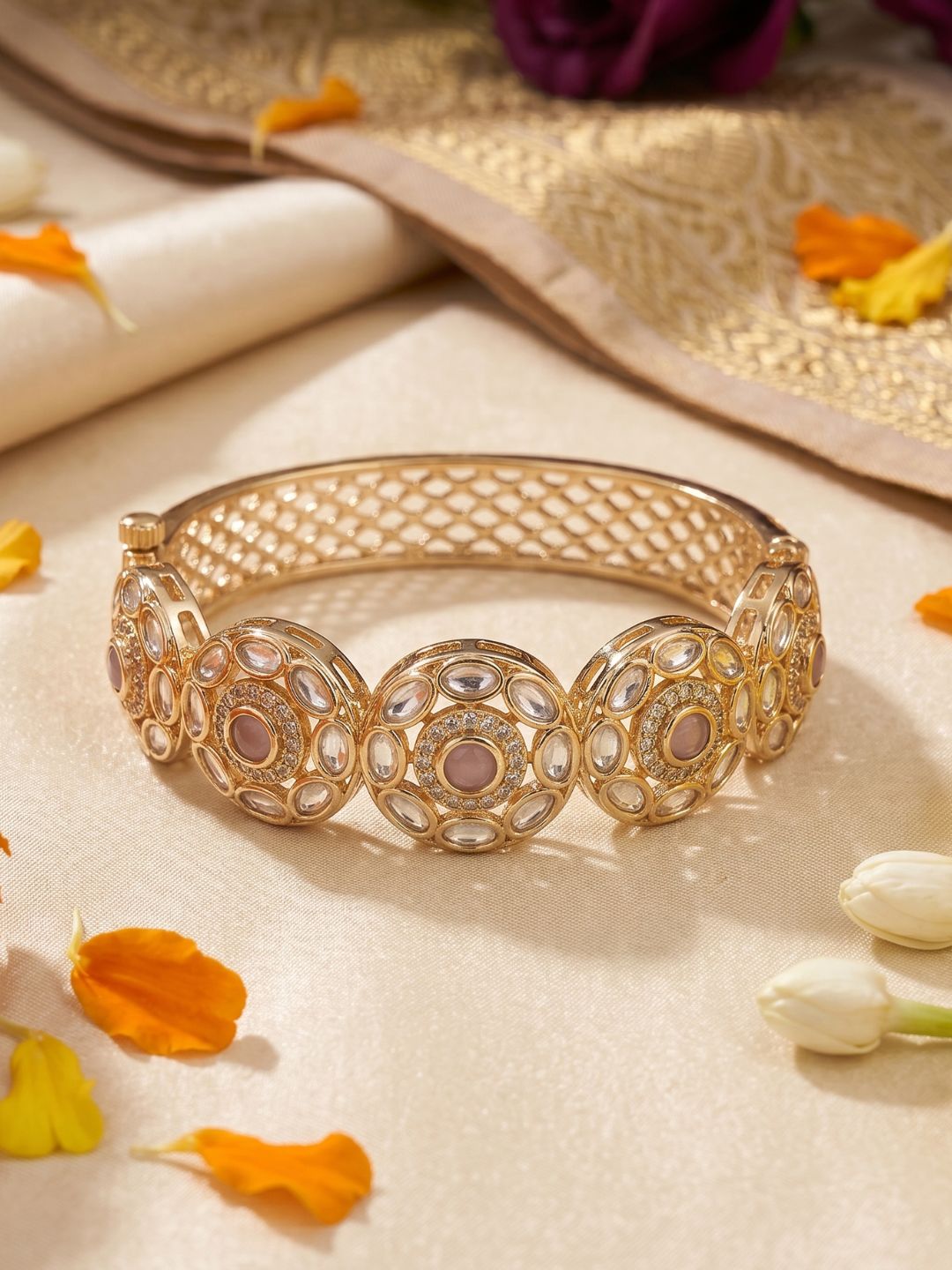 Elegant Next To Real Party & Wedding Wear Openable pink Kundan Polki Bracelet For Women