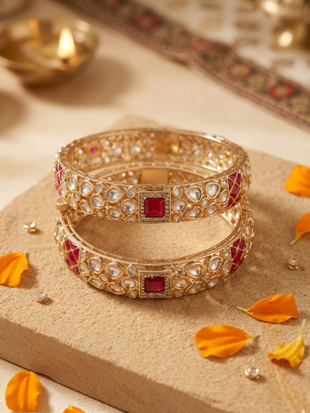 Gold Plated Ruby And Kundan Bangles For Women - Wedding And Party Wear Bangles