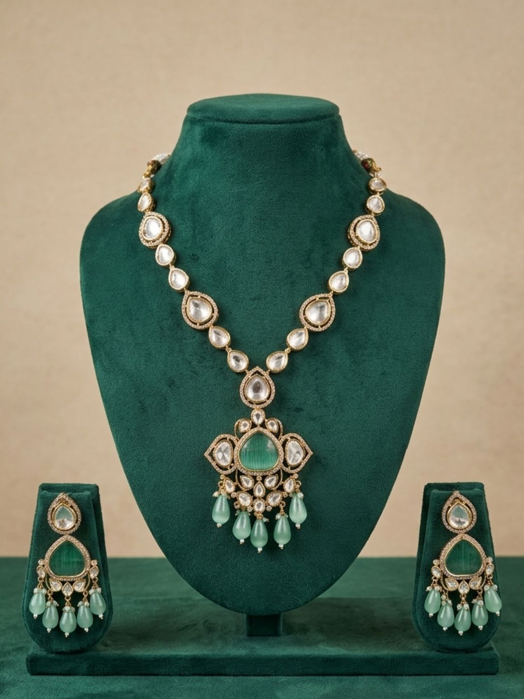 Exquisite Gold Plated mint green  Polki Kundan Pendant Necklace Set | Wedding And Party Wear Statement Jewellery