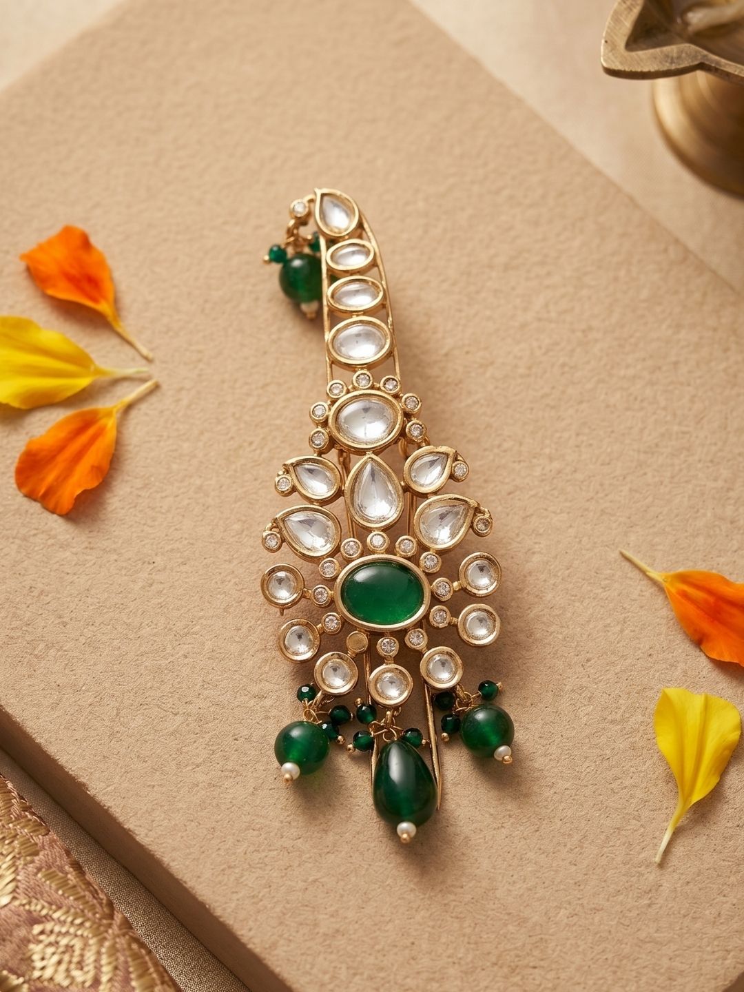 Gold Plated Floral Design Kundan Polki Safa Kalangi For Grooms | green Turban Brooch for dulha online 