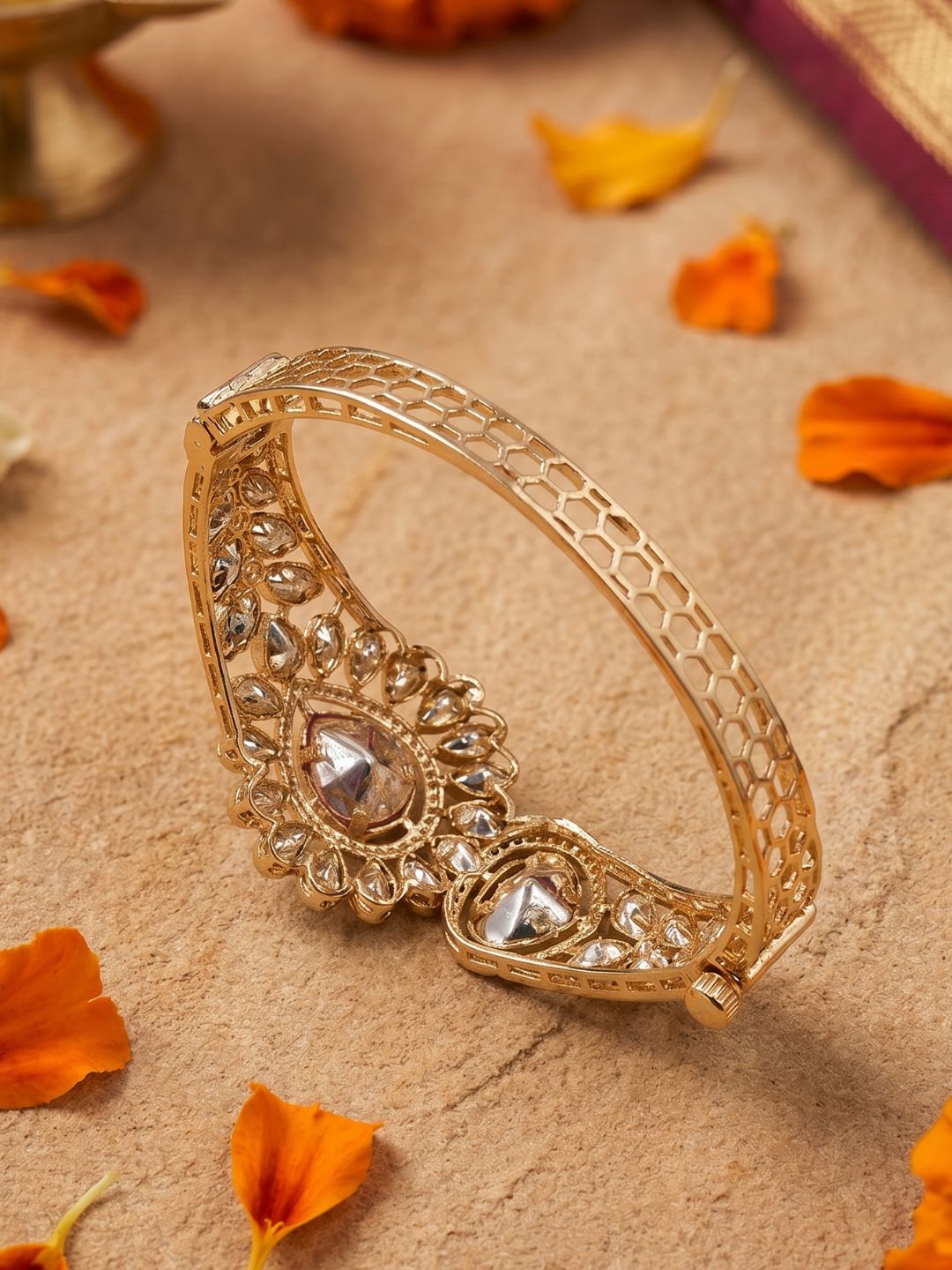 Gold Plated Polki Kundan Openable Kada Bracelet For Women | Festive Ethnic Jewellery