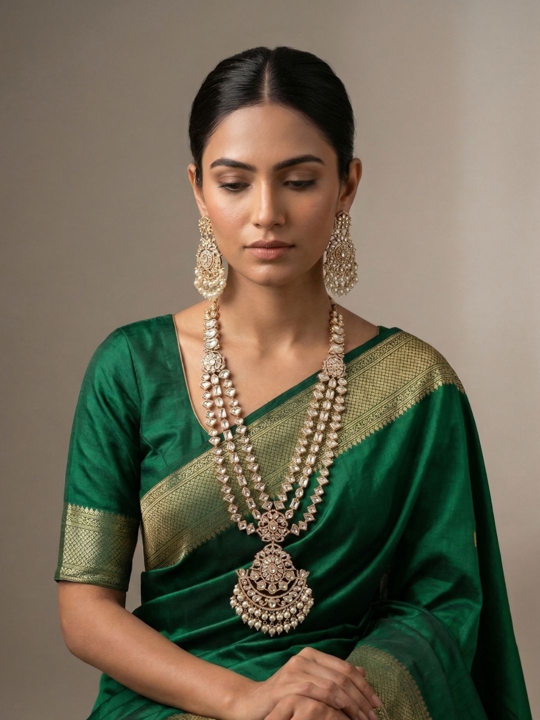 Luxurious Long Layerd Polki Kundan Necklace Set With Pendant | Wedding And Bridal Jewellery Set 