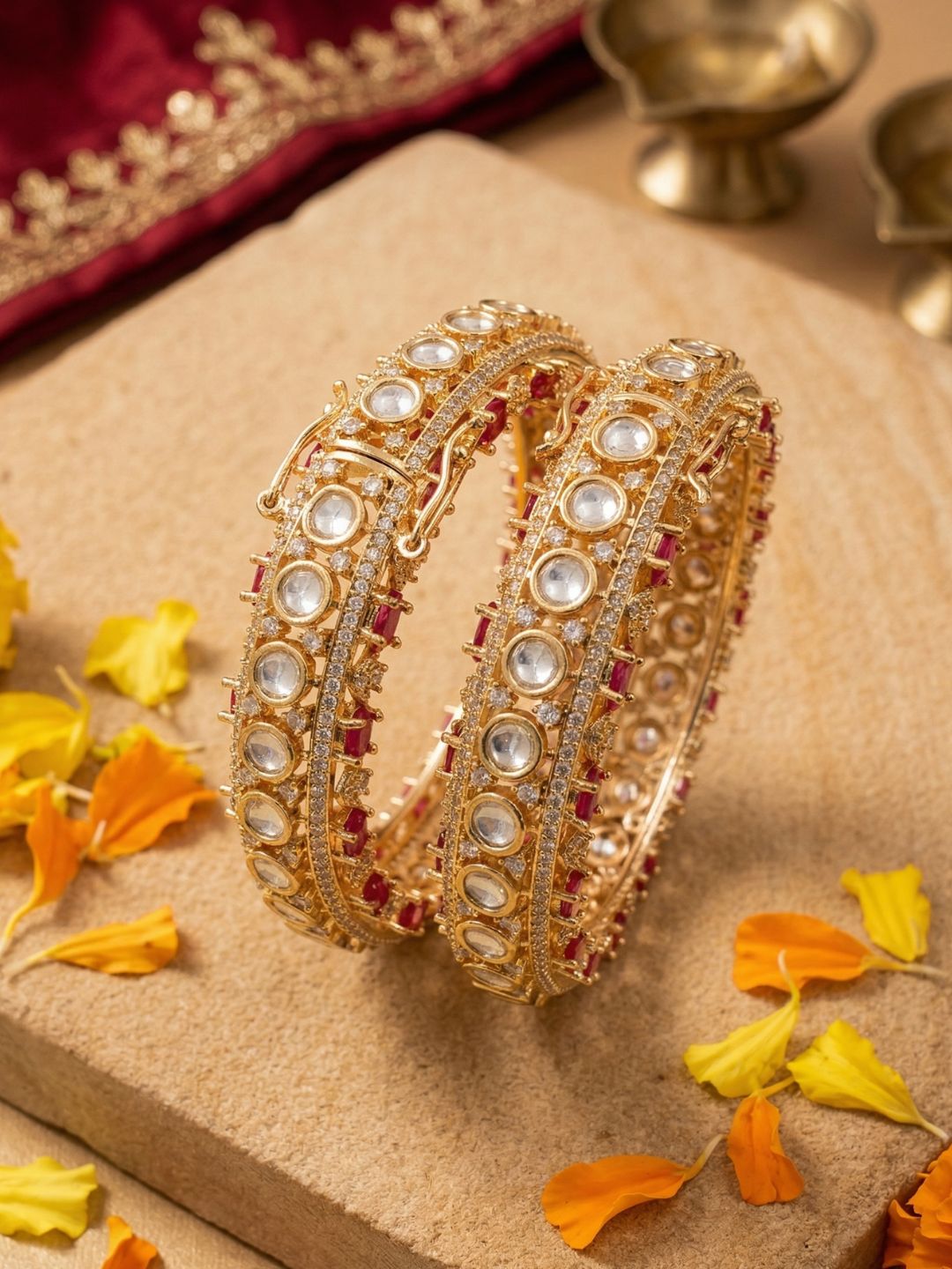 Gold Plated ruby pink Luxury Polki Kundan Kada Bangles Set For Women | Wedding And Bridal Bangles