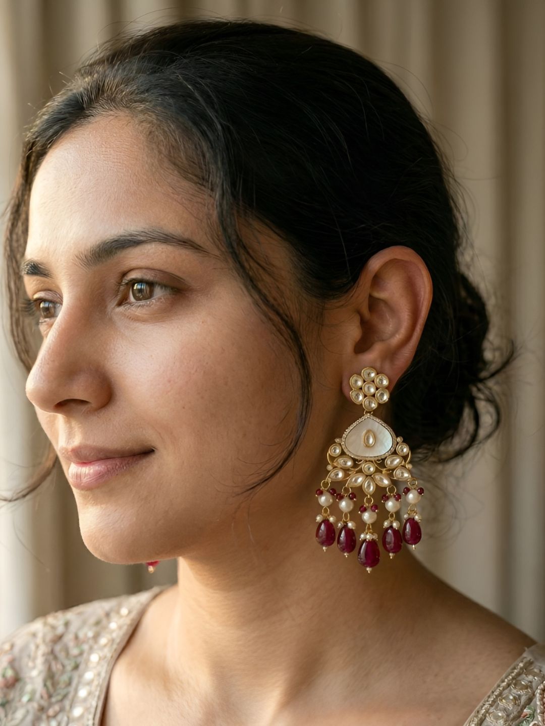 Elegant Gold Plated Mother Of Pearl And Kundan Earrings with red beads For Weddings - Statement red kundan Earrings