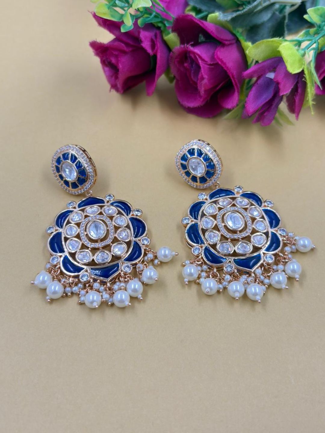 Traditional Blue Kundan Stone Earrings for Women | Statement Earrings For Ethnic & Festive Wear