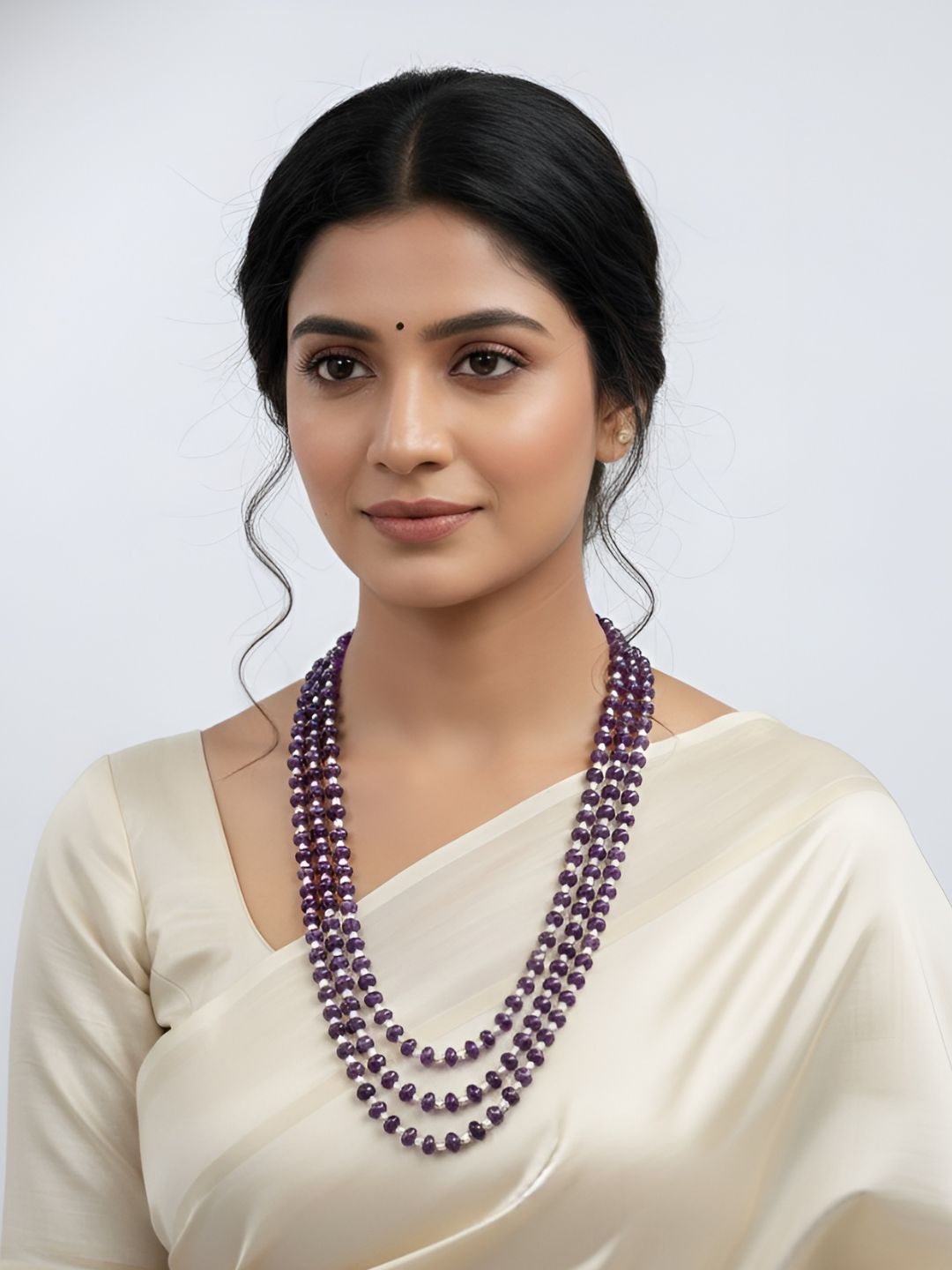 Triple Layered Natural Pearls & Rondelle Shape Natural Amethyst Beads Necklace For Women