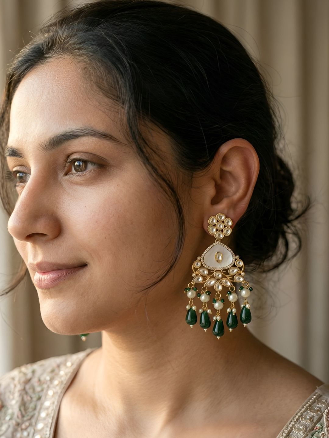 Elegant Gold Plated Mother Of Pearl And Kundan green beaded Earrings For Weddings - Statement Earrings