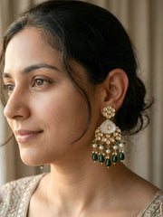 Elegant Gold Plated Mother Of Pearl And Kundan green beaded Earrings For Weddings - Statement Earrings