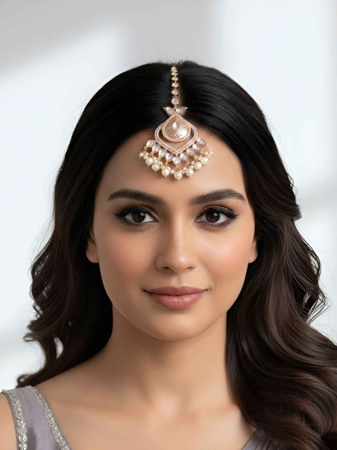 Rose Gold Finish Big Polki Kundan Maang Tikka For Women - Bridal And Wedding Wear Tikka