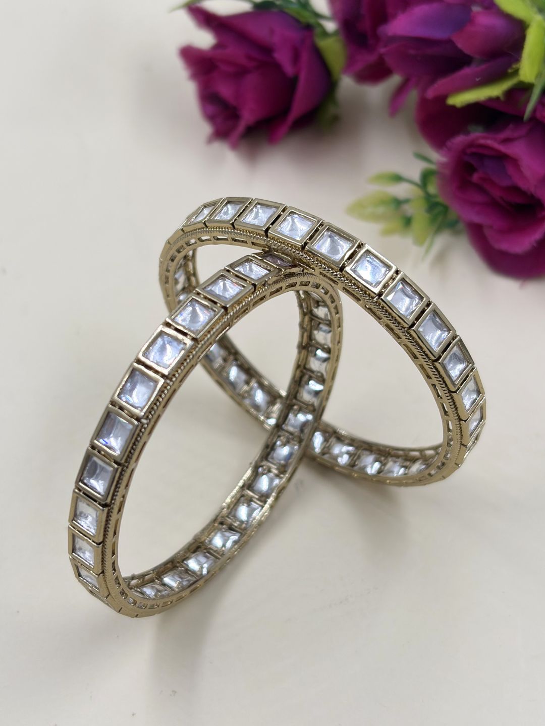 Antique Victorian Finish Sleek Square Shape Polki Bangles For Women