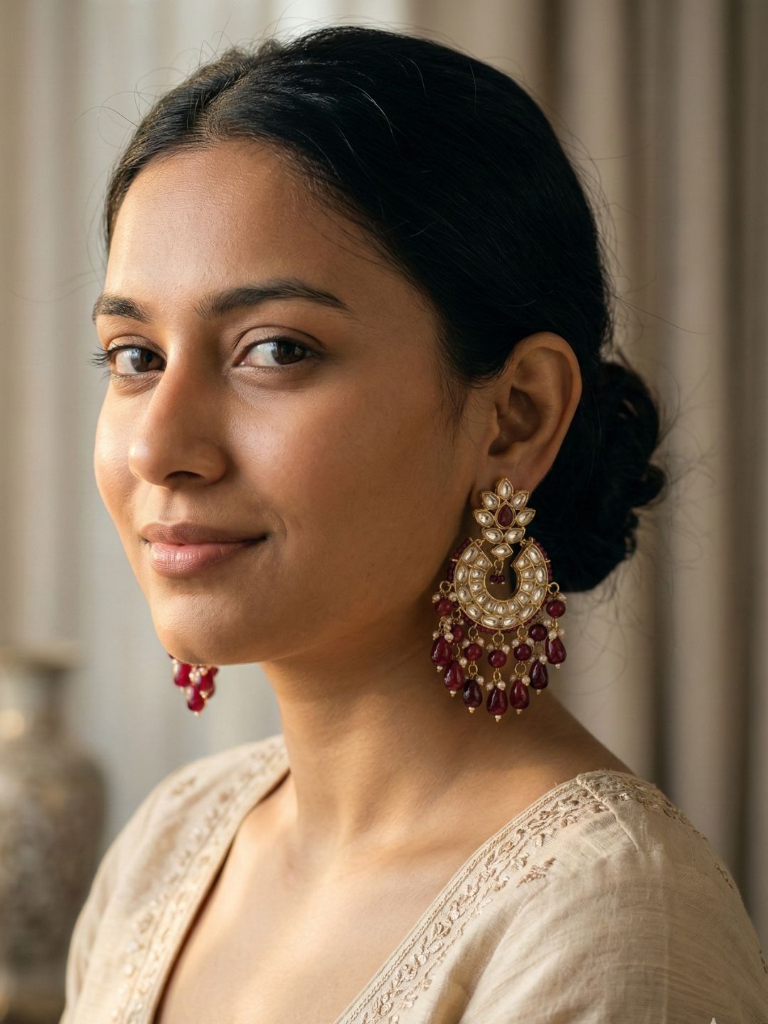 Tarini Lightweight Polki Kundan red Chandbali Earrings For Women - Wedding And Festive Wear